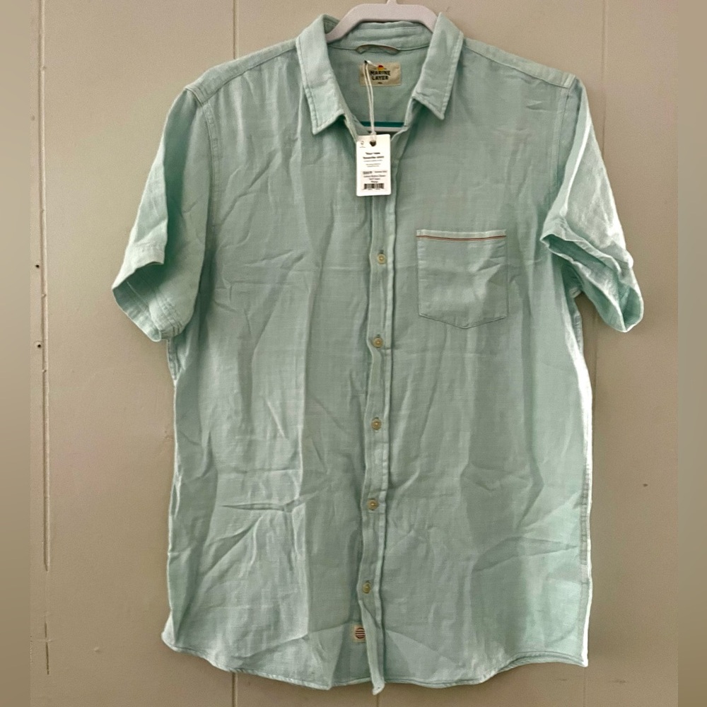 Marine Layer Lance Button Down shirt Aqua Green Double Cloth Short Sleeve Sz M/L